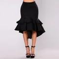 Elegant black high-low mermaid skirt with tiered ruffles and elastic high waist for stylish women - S / Bottoms / Black