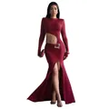 Sexy burgundy long-sleeved maxi dress featuring a waist cutout and metallic buckle detail. - S / Burgundy