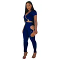 Detail view of navy blue two-piece set with rib-knit fabric and decorative metal rings - Blue