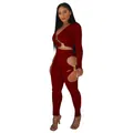 Vue détaillée de l'ensemble haut court à manches longues et legging ajouré bordeaux - 2XL / Haut Et Bas / Bordeaux