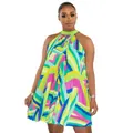 Vibrant colorful geometric print sleeveless halter neck pleated mini dress details. - S / Dresses / Light Green