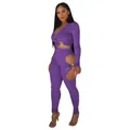 Ensemble sexy deux pièces violet côtelé avec crop top col en V et legging à découpes - 2XL / Haut Et Bas / Violet