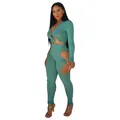 Detailed look at sexy teal ribbed V-neck two-piece set with stylish metal ring cut-outs. - Light Green