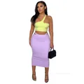 Sexy two-piece summer set with neon lime one-shoulder crop top and lavender midi skirt. - XL / Top And Bottom / Purple