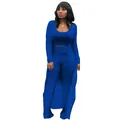 Women's royal blue ribbed three-piece set featuring long cardigan and wide-leg trousers. - Royal Blue