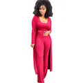 Elegant rose red ribbed high-stretch three-piece set for women with long cardigan - Watermelon red