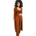 Three-piece ribbed knit set featuring crop top, high-waist pants, and long cardigan in rust - Pumpkin Orange