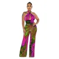 Sexy Jumpsuit mit weitem Bein, tropischem Blattmuster, Neckholder und Rückenfrei - S / Set / Fuchsia