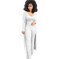 Women's 3-piece white ribbed knit lounge set with cardigan and wide leg pants - White