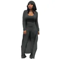 Full view of women's grey ribbed 3-piece set with crop top, pants, and cardigan - Dark Gray