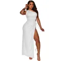 Elegant white ribbed one-shoulder maxi dress featuring a sexy high side slit and soft fabric. - S / Dresses / White
