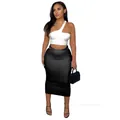 Two-piece summer set with white one-shoulder crop top and black midi bodycon skirt - S / Top And Bottom / Black