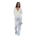 Macro view of the pleated fabric on this white long-sleeve v-neck two-piece set - L / Top And Bottom / White