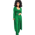 Elegant women's three-piece ribbed knit outfit set in emerald green with long cardigan - Green