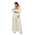 Detail of women's white ribbed knit three-piece set with long cardigan and trousers - L / Top And Bottom / White