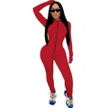 Sexy solid red long sleeve slim fit jumpsuit romper featuring a front zipper detail - XL / Set / Red