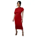 Elegant red one-shoulder ruched midi dress showing slim fit and pleated texture. - S / Dresses / Red