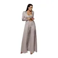Full-length view of stylish women's three-piece ribbed knit lounge set in mauve grey - L / Top And Bottom / Gray