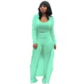 Sexy mint green three-piece rib-knit set featuring a long cardigan and high-waist pants - Mint Green