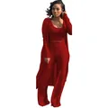 Detailed full-body view of women's red 3-piece high-stretch ribbed knit lounge set. - Burgundy