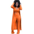 Full view of a vibrant orange high-elastic ribbed three-piece clothing set on a model. - S / Set / Orange