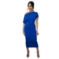 Detailed view of elegant royal blue one-shoulder ruched bodycon midi dress for women - L / Dresses / Sapphire Blue
