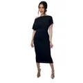 Elegant black one-shoulder ruched midi dress with a slim fit silhouette for women - S / Dresses / Black