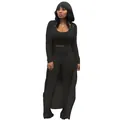 Black ribbed three-piece set with crop top, high-waist pants, and long cardigan - Black