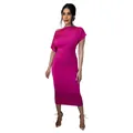 Fuchsia off-the-shoulder ruched bodycon midi dress with elegant pleated details - Rose Red