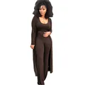Detail view of brown high-stretch ribbed 3-piece set with cardigan and high-waist pants - S / Set / Brown