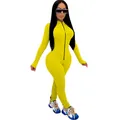 Sexy bright yellow long sleeve slim fit one-piece jumpsuit with front zipper detail - S / Set / Yellow