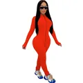 Sexy orange long sleeve skinny jumpsuit with front zipper detail and high neck collar - S / Set / Orange Red
