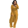 Detail view of mustard yellow ribbed three-piece set with long cardigan - Yellow