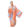 Elegante oranje kimono-vest met bloemenprint, wijde mouwen en een zijdeachtige afwerking. - Eén maat / Tops / Oranje Blauw Bloemen