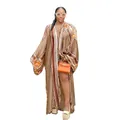 Full view of loose printed kimono cardigan for women with autumn geometric patterns - One Size / Tops / Coffee Plaid