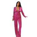 Elegant fuchsia pink pleated long sleeve top and matching wide leg pants set for women. - S / Top And Bottom / Rose Red