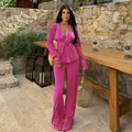 Two-piece vibrant pink pleated outfit featuring a wrap top and high-waisted pants - S / Top And Bottom / Rose Red