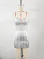 Detailed view of silver metallic corset dress with fishbone structure on mannequin. - XS / Top And Bottom / Foil Stamping