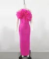 Elegant hot pink bandage maxi dress with ruffled floral chest detail on mannequin display - S / Dresses / Rose Red