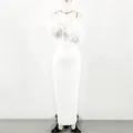Detailed macro shot of white bandage maxi dress featuring 3D floral embellishments - XS / Dresses / White