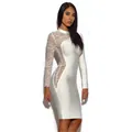 Elegante vestido bandage blanco ajustado con mangas y detalles de encaje floral - XS / Vestido de Vendaje de Encaje Patchwork (2629) / Blanco