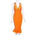 Vestido midi bandage naranja vibrante con cuello en V, detalles amarillos y dobladillo sirena. - XS / Vestidos / Naranja (1957)