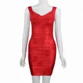Vestido mini bandage ajustado rojo vibrante con elegante diseño de cuello en V - S / Vestidos / Carmesí (1047)