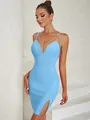 Vestido bandage azul claro ajustado con elegantes tirantes de strass y abertura mujer - S / Vestidos / Azul Cielo (ts398)