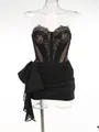 Elegante vestido corto tipo corsé de encaje negro con malla y lazo decorativo lateral - XS / Vestidos / Negro
