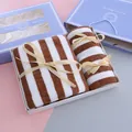 Brown and white striped plush towel gift set with elegant ribbon ties and blue gift box packaging - Wide Stripe / 3-Piece Set (1 Large 2 Small) / Brown