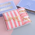 Luxury pink and white striped towel gift set with gold ribbons in elegant white box - Wide Stripe / 3-Piece Set (1 Large 2 Small) / Pink
