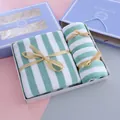 Premium mint green and white striped towel gift set with elegant gold ribbon bows - Wide Stripe / 3-Piece Set (1 Large 2 Small) / Green