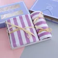 Purple and white striped towel gift set with elegant ribbons and blue box. - Wide Stripe / 3-Piece Set (1 Large 2 Small) / Purple