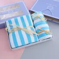 Blue and white striped towel gift set with elegant ribbon in a gift box - Wide Stripe / 2-Piece Set (1 Large 1 Small) / Blue